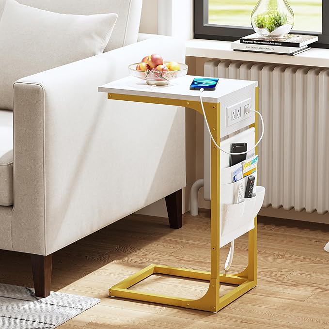 TUTOTAK C Shaped End Table with Charging Station, Side Table for Sofa, Couch Table with Storage Bag, Set of 2, TV Tray Table with 2 USB Ports and Outlets for Living Room, Bedroom, TB01BWG0242
