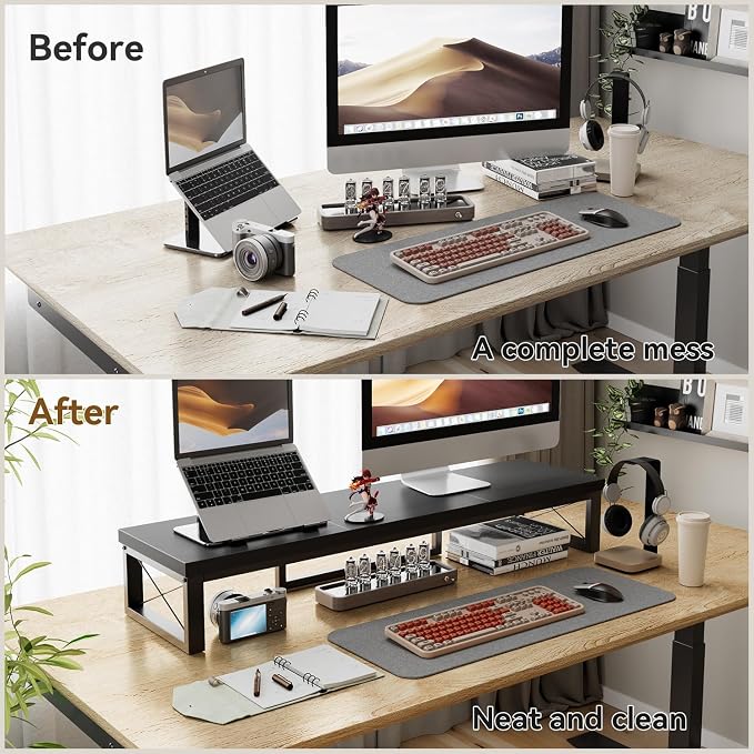 IBUYKE Large Dual Monitor Stand Riser for 2 Monitors, Wooden Desktop Computer Monitor Stand Storage Shelf and Steel Legs,Dual Screen Office Desk,Monitor Riser for Computer, Printer,Laptop,TV,Black UTDJ002B
