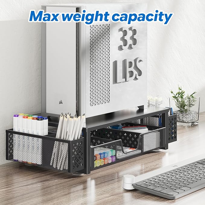 Simple Trending Metal Monitor Stand Riser, Drawer & 2 Pen Holders, Black | 2-in-1 Desk Organizer & Monitor Stand | Sturdy Metal | Drawer + Pen Holders | Ergonomic Support | Space Saving | Easy Setup