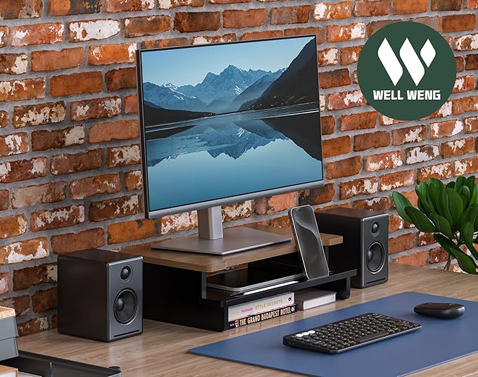 Computer Monitor Stand Riser, 16.5 Inch Wood Desk Shelf Storage Organizer with Phone Tablet Holder, Black & Dark Bamboo