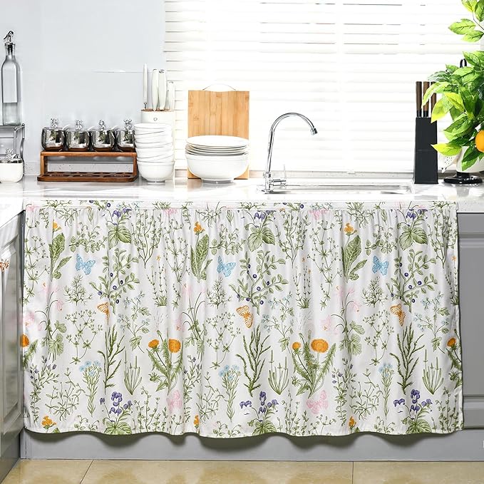 VitalCozy Cabinet Curtains 28"w x 51"L Sink Skirt for Bathroom Diamond Stitch Self Adhesive Waterproof Fabric Short Curtains for Kitchen Floral Dishwasher Curtain Cover for Home Farmhouse Rustic Drape