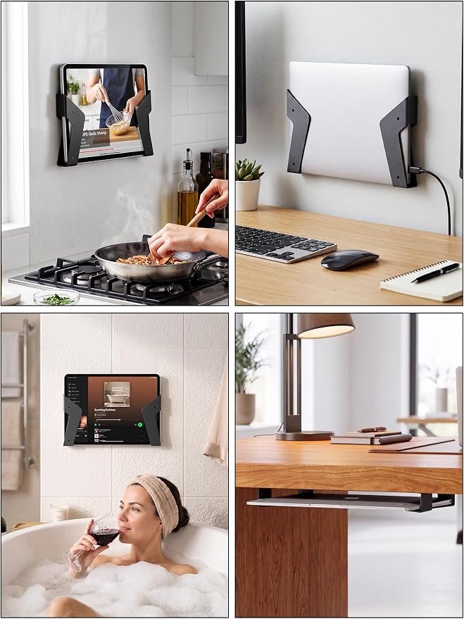 NiHome Under Desk Laptop Mount & Wall Holder, Adjustable Metal Bracket for MacBook, Keyboard, Tablet, Fits Devices up to 35mm, Screw or Adhesive Install, Space-Saving Tray Under-Desk Storage