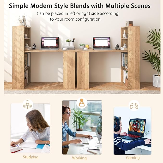 Tangkula Computer Desk with Bookshelf, Writing Study Desk with Storage Shelves & CPU Stand, Modern Compact Computer Workstation for Home & Office, Space-Saving Design(Natural)