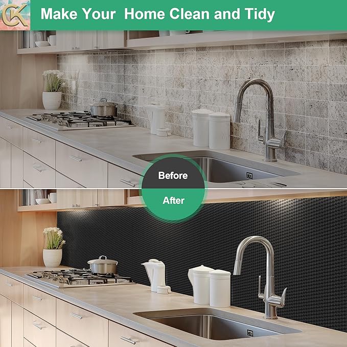 Self-Adhesive Shelf Liner Kitchen Liner, Waterproof Backed Paper Easy Peel and Stick Contact Liner Without Residue for Decor Your Desk Surface, Kitchen Countertops (Black, 17.5 x 118.1 inches)