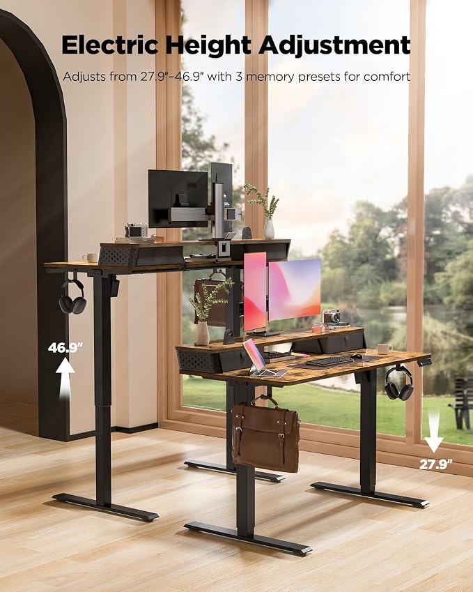 FiCiHi 40x24 Inch Standing Desk with Drawers, C-Clamp Mount Compatible, Electric Adjustable Height Computer Small Stand Up Desks, Home Office Sit Stand Table with 3 Preset Heights, Rustic Brown