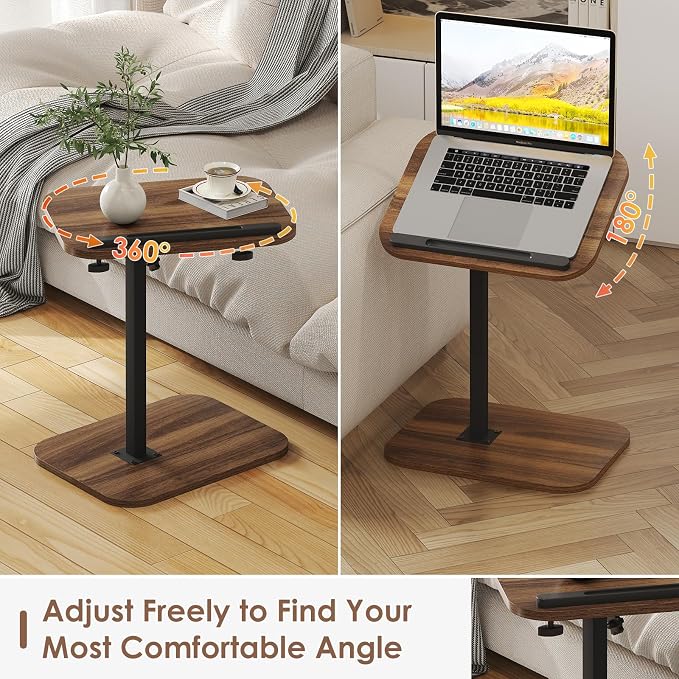 Side Table Sofa Tv Tray Height Adjustable C Shaped End Table 360° Swivel Overbed Living Room Couch Table, Walnut