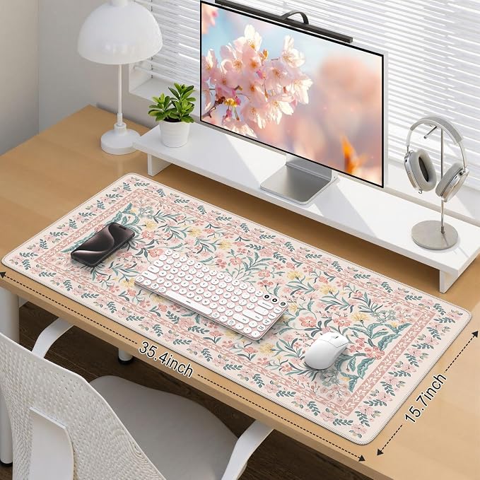 iCasso Pink Floral Desk Mat, Desk Pad, XXL Large Mouse Pad, Anti-Slip Big Mousepad with Stitched Edges, Computer Mouse Pads for Desktop Decor, Cute Office Desk Accessories for Women(Pink)
