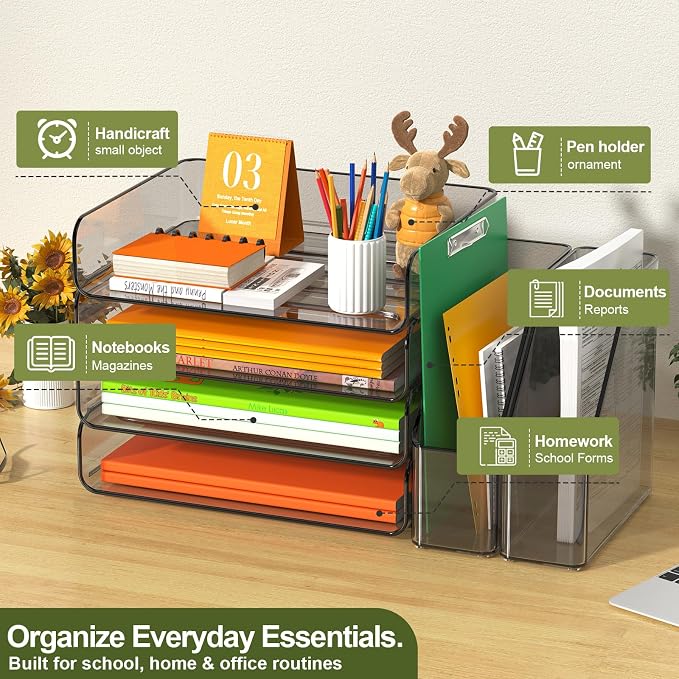 FANXIYQ 4-Tier Brown Acrylic Paper Tray Organizer with Bookends, Large Clear Stackable Letter Tray Organizer for Desk, Acrylic File Organizer & Office Paper Storage, 12.6" Wide Desktop Organizer