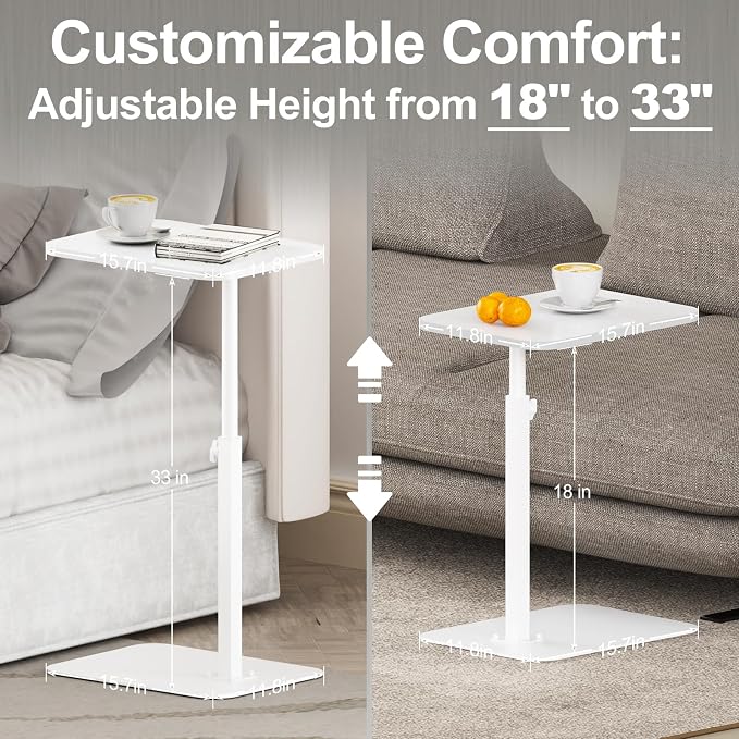 HzTinT Side Table Sofa Tray for Couch Heavy Metal Base Swivel/Adjustable Height, Sofa Bed Bathroom Study TV Tray C Shaped End Table Food Snack Trays for Eating