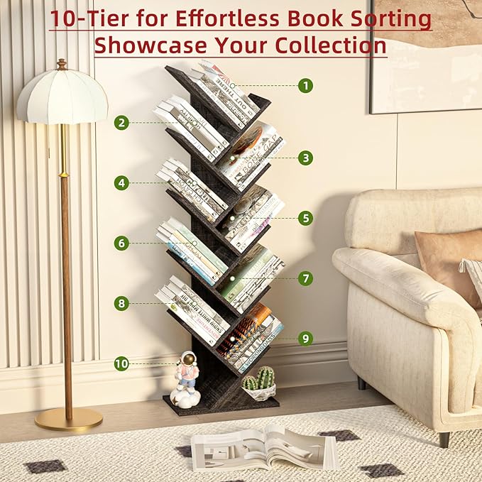 SHEEPAM 10 Tier Tree Book Shelf, Floor Standing Wood Bookshelf for Narrow Space, Storage Organizer Bookshelves for Books/CDs/Magazine, Bookcase with Shelves for Home Office, Living Room - Dark Grey