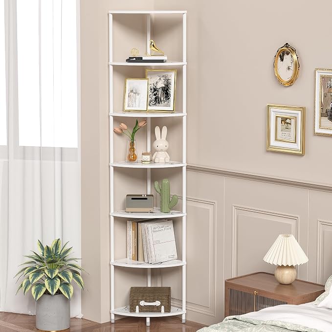 7 Tier Corner Shelf Stand Kitchen Organizer with Metal Frame for Organization & Storage Corner Shelves Kitchen Decor Accessories Marble White 64.7"