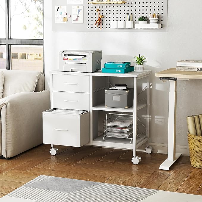 OLIXIS 3-Tier Printer Stand with Fabric Storage Drawer, Rolling Printer Cart with Lockable Wheels and Metal Frame, Under Desk Table with Open Storage Shelf for Small Spaces, Home, Office, White