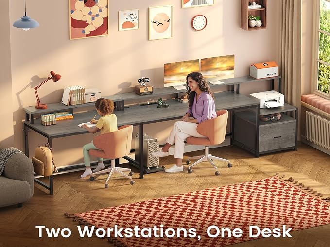 SEDETA L Shaped Desk, 66" Home Office Desk with File Drawer & Power Outlet, Gaming Desk with Led Lights, Corner Computer Desk with Monitor Shelf, Printer Storage Shelves, Two Person Desk, Grey