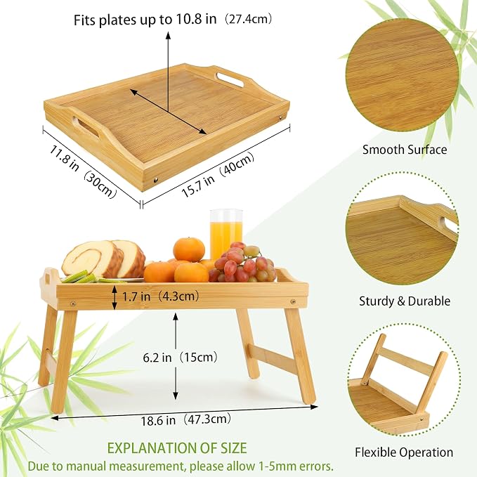 TOPULORS Breakfast in Bed Tray with Folding Legs, 15.7x11.8 Bamboo Lap Tray, Foldable Bed Table for Eating, Working, Tablet & Laptop Stand, Snack Tray with Handles for Adult and Kids, Serving Tray