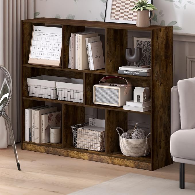 Furinno DALY Book Shelf, 8-Cube Bookshelf, Horizontal Cube Storage Organizer Bookcase, 10.9 x 47.2 x 39.4, for Living Room, Bedroom, Home Office, Amber Pine