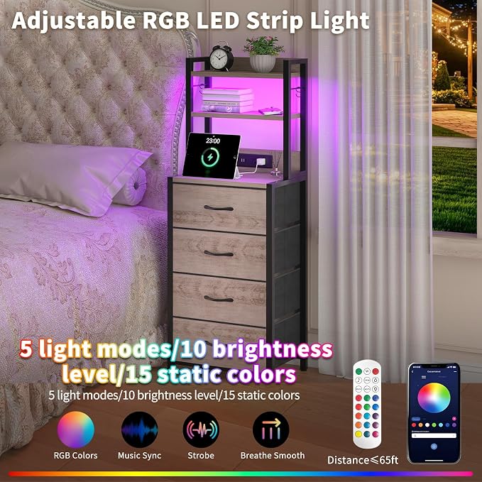 Tall Nightstand with LED Light, LED Night Stand with Charging Station and USB Type C Port, Bedside Table with 4 Fabric Drawers for Bedroom, Dorm, Office (Greige)