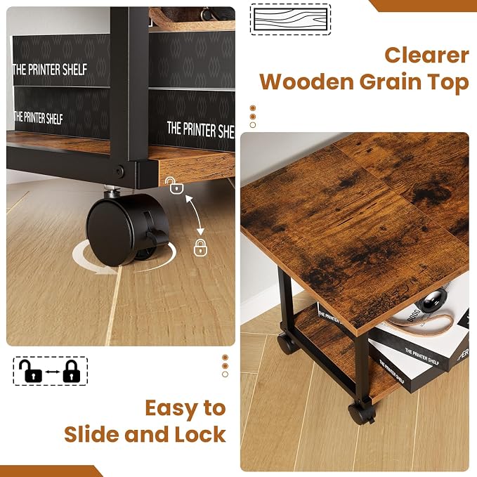 Asgolion Printer Table, 2-Tier Under Desk Printer Stand, Printer Stand with Wheels, Printer Shelf for Small Spaces, Printer Cart for Home Office Rustic Brown