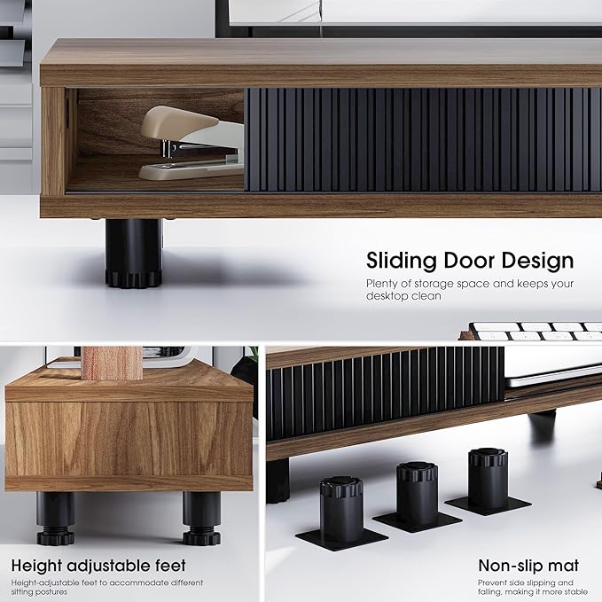 Fenge Dual Monitor Stand, 42.5inch Long Monitor Stands Riser for 2 Monitors, Glass Sliding Door with Storage Organizer Stand for Desk, 2 Tier Desk Shelf for Laptop, Pc, Printer, Computer, TV