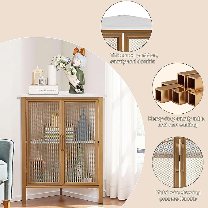 VECELO 3-Tier Corner Table,Cabinet with Mesh Door,Corner Shelf Stand,Metal Frame Storage Shelf Organizer Display Shelves for Wall Corner,Living Room,Bedroom Kitchen,Bathroom