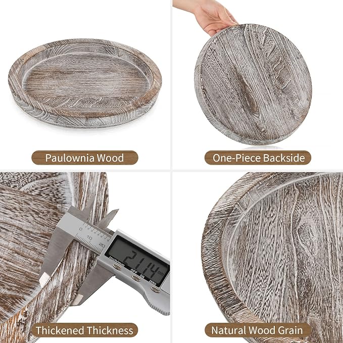 Hanobe Decorative Tray for Coffee Table: Round Candle Plate Holder Centerpieces for Dining Room Kitchen - Wooden Farmhouse Tray Vintage Home Decor