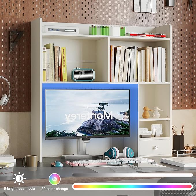 ChooChoo Desktop Bookshelf with Lights, 36.4" Tall Countertop Desk Hutch with 5 Shelves and 1 Drawer for Computer Desk, Desk Shelf Organizer for Dorm Office Home,White