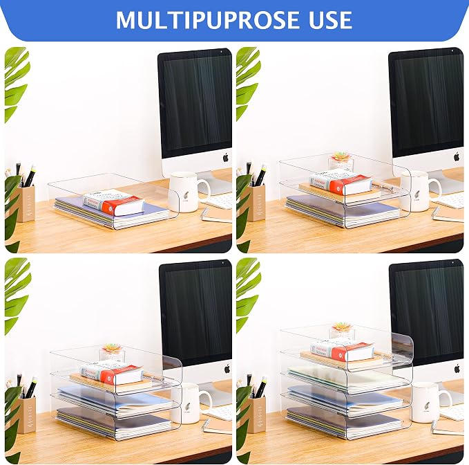 LALOBLUE Stackable Letter Tray Desk Organizer, Set of 4 Clear PET Paper & File Organizers, Document Storage for Office Supplies