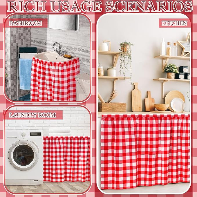 Cabinet Curtains 51 x 28 Inch Red and White Sink Skirt for Bathroom Kitchen Home Diamond Stitch Self Stick Adhesive Waterproof Fabric Farmhouse Rustic Drape Under Desk Privacy Drape Laundry Room