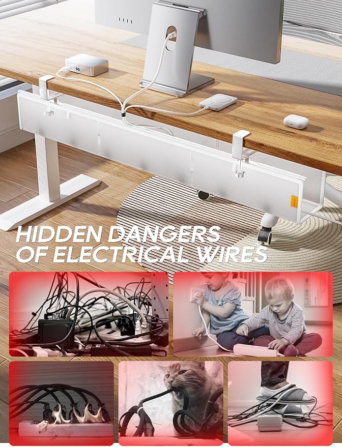 Under Desk Cable Management Tray No Drill, Cable Ties Included, Eco-Friendly Canvas Material, Mesh Design for Heat Dissipation, Cable Organizer/Storage for Standing Desk(39inch, White)