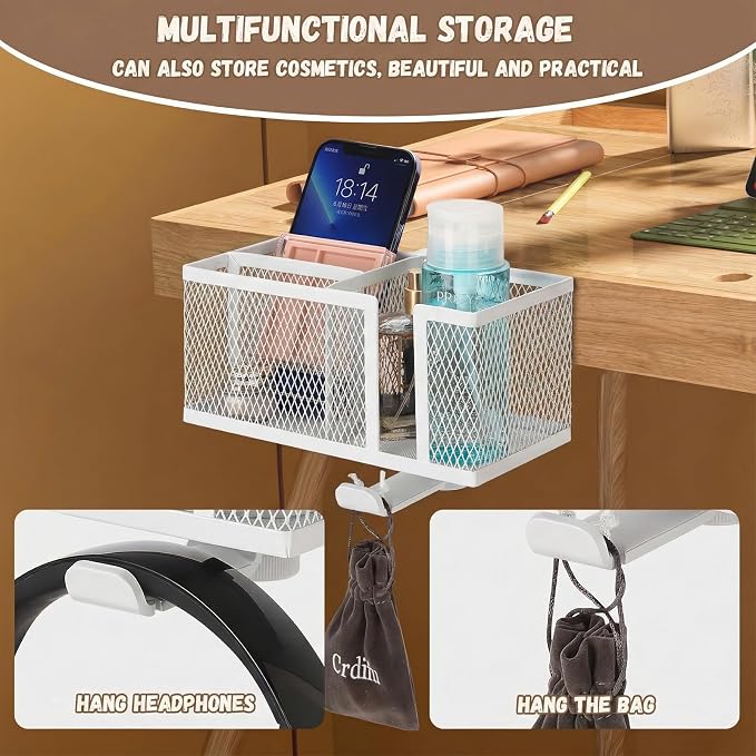 Multi-Function Desk Cup Holder with Headphone Hanger, 3 in 1 Caddy Organizer for Salon Chair, Bedside, Desk or Table - Sturdy Anti-Spill Drink Holder for Water Bottles, Coffee, Bag (White)