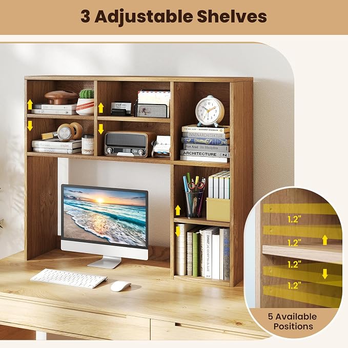 Giantex Desktop Bookshelf, Desk Hutch Dorm w/ 7 Cubes & 3 Adjustable Shelves, Desk Shelf for Up to 27" Computer Monitors, Wooden Desktop Storage Organizer for Dorm College Office Homem, Natural
