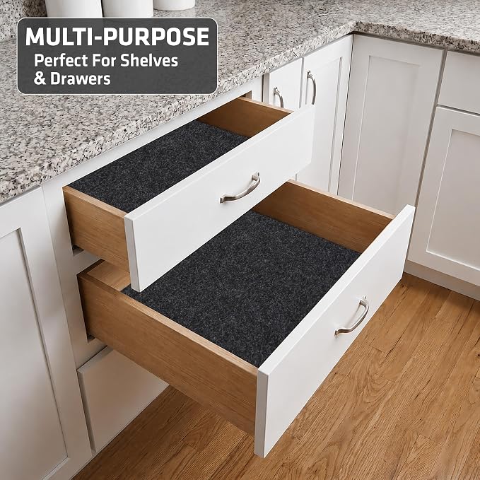 Drymate Premium Luxury Shelf & Drawer Liner, Thick Cushioned Fabric, Non-Adhesive, Absorbent, Waterproof, Slip-Resistant, Liners for Kitchen Cabinets, Cupboards (USA Made)(12”x59”)(2-Pack)(Charcoal)