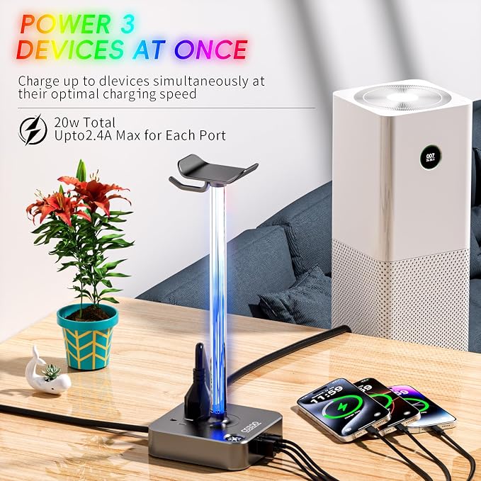 cozoo Gifts for Gamer Men All-in-One RGB Headset Stand & Charging Station | 3 USB Ports, 2 Outlets, Metal Space Gray | Gaming Equipment, Game Room Setup, Christmas Gifts for Him,Teen Boys,Tech Lovers