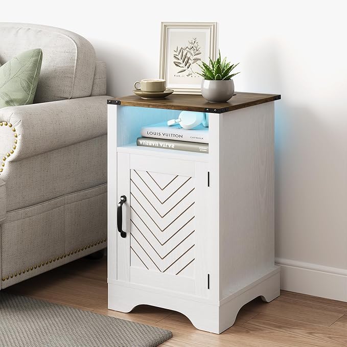 RoyalCraft 25" Tall LED Nightstand Set of 2, Farmhouse Nightstand with Charging Station, Large End Table with Storage, Wooden Rustic Bedside Table for Bedroom, Home Office, White and Rustic Oak