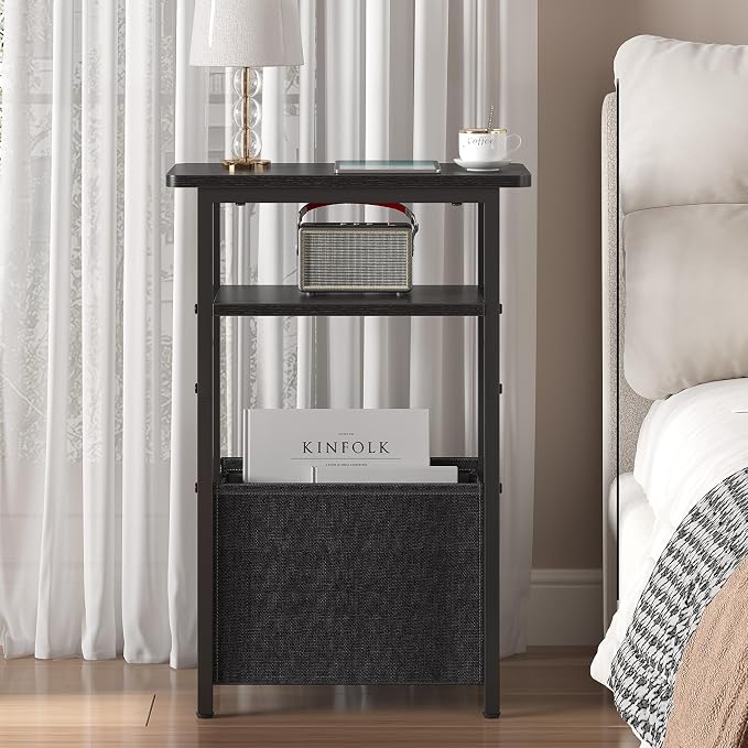 sthmec Narrow Side Table, Skinny End Tables with Fabric Basket, Small Side Tables for Small Space, 2-Tier Open Shelves with Basket, Slim Nightstands for Bedroom,Living Room,Office, Black