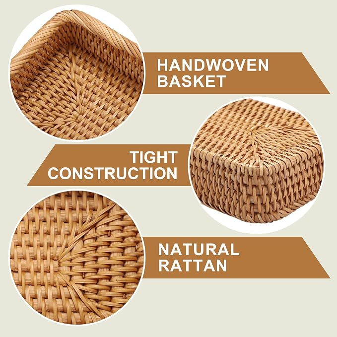 Hipiwe Natural Rattan Tray Key Basket for Entryway Table Rectangle Wicker Basket Trays for Remote Trinket Decorative Rattan Storage Basket Home Decor,10"x 5.9"x 2.2"