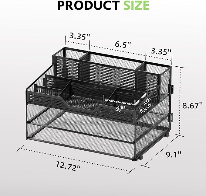 SUPEASY 3 Tier Desk Organizer, Mesh Letter Tray Paper Organizer with 5 Adjustable Storage Compartments & Pen Holder, Metal Desk Accessories for Home Office School, Black