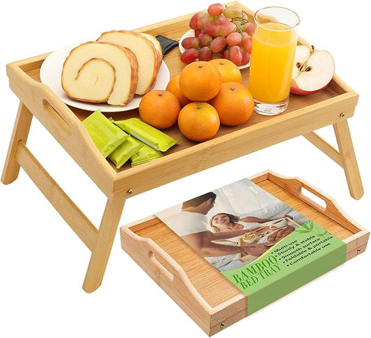 TOPULORS Breakfast in Bed Tray with Folding Legs, 15.7x11.8 Bamboo Lap Tray, Foldable Bed Table for Eating, Working, Tablet & Laptop Stand, Snack Tray with Handles for Adult and Kids, Serving Tray