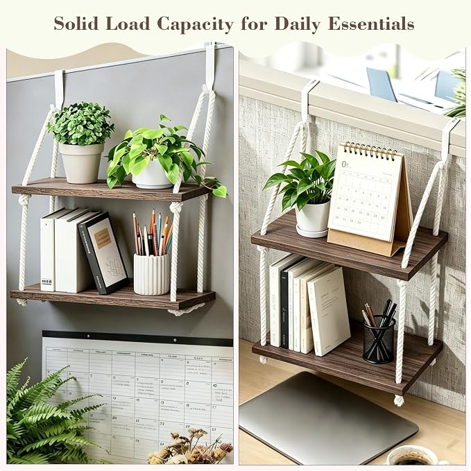2 Tier Cubicle Shelf Hanging - 11.8 Inch Office Cubicle Wall Shelf with Rope Adjustable Hooks, Office Desk Accessories for Office Decor, Organizer, Storage in Workspaces(Brown)