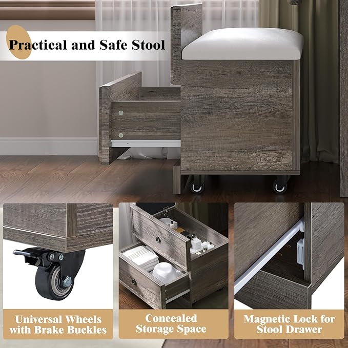 LUXOAK 3-in-1 Small Vanity Desk with Mirror and Lights, Compact Hidden Vanity Set with Stool & Charging Station, Makeup Table for Girls Bedroom and Dressing Room, Rustic Grey