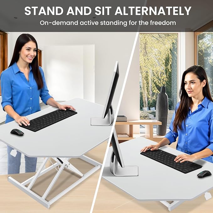 Aconcept 36 inch White Corner Height Adjustable Standing Desk Converter, One-Click Sit to Stand up Desk Riser, Pre-Assembled for Dual Monitor and Laptop Workstation