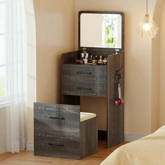 Gurexl 3 in 1 Vanity Desk with Flip Top Mirror,Small Compact Vanity with Visible Glass Desktop,Makeup Vanity Set with 3 Drawers,Cushioned Stool,Dressing Table for Bedroom,Rustic