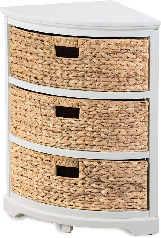 Hampton Meadows 3-Tier End Table with Storage Baskets, Narrow Side Table for Small Spaces, Farmhouse Nightstand and Corner Accent Table with 3 Water Hyacinth Woven Baskets, White, 14 x 14 x 25.5 Inch
