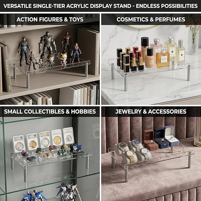Clear Acrylic Riser, Display Stand, Large Transparent Monitor Riser Stand Acrylic Shelf with Non-Slip Feet, Desktop Organizer for Collectibles, Figurines, Cosmetics, Multifunctional Stand
