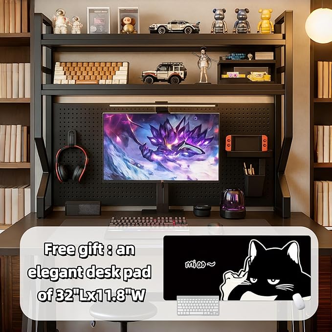 Desktop Hutch Bookshelf,Many Gifts,Metal Desktop Bookcase with pegboard, Desk Shelf, Countertop Storage Organizer Rack for Dorm or Office,Desktop Shelves (Black, 45.3" Lx9.9 Wx39 H)