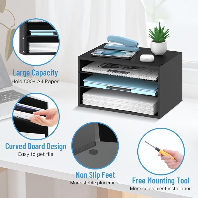 Wood Desk Organizer, 3 Tier Paper Tray Organizer for Desk with Adjustable Storage Shelves, Printer Stand Desktop File Organization Paper Sorter Mail Holder for Office Home Classroom, Black