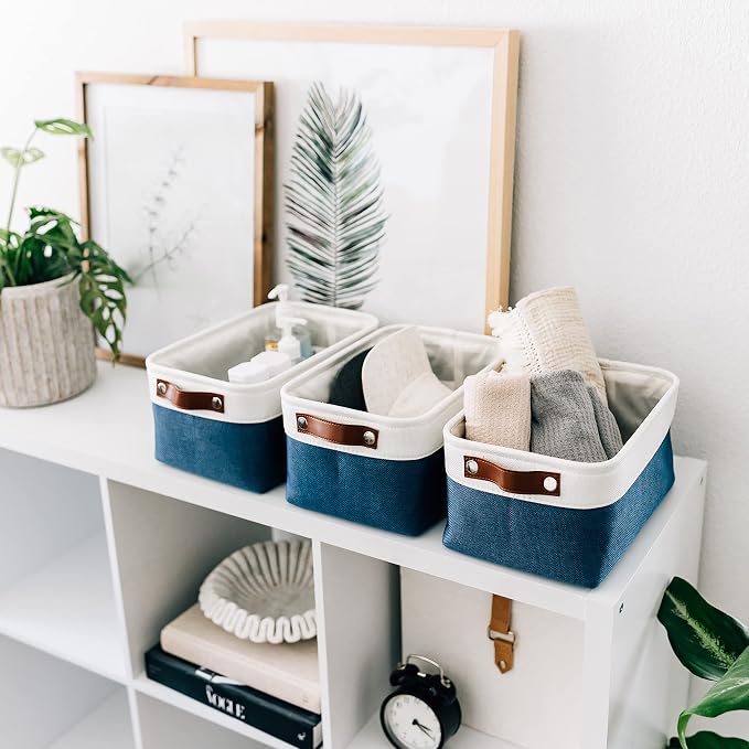 OrganiHaus 12x8in Canvas Storage Baskets 6 Pack | SMALL Fabric Bins for Shelves | Pantry & Bathroom Organizer | Navy Blue/Off-White