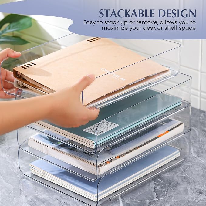 CiWiVOKi 4 Trays Paper Organizer Letter Tray, Acrylic Clear PET Desk File Organizer, Stackable Paper Holder Sorter for Desk Accessories, Files, Documents, iPad, Books, A4 Size, No Assembly Required