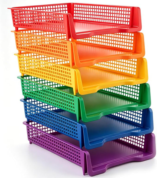 Geetery Set of 6 Plastic Trays for Teachers Turn in Trays Classroom Stackable Paper Tray Plastic Classroom Teachers Desk Letter Organizer Storage Baskets for Office, Desk, Home (Rainbow Color)