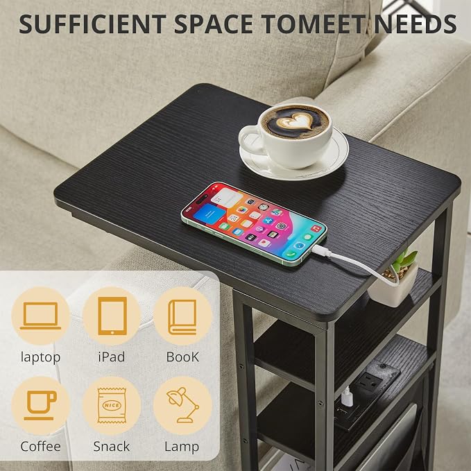 C Shaped End Table with Charging Station, 28"(H) 3-Tier C Table with Storage Bag, Under Couch Table C-Shaped End Table with Storage Shelves and Bag for Living Room, Bedroom, or Office