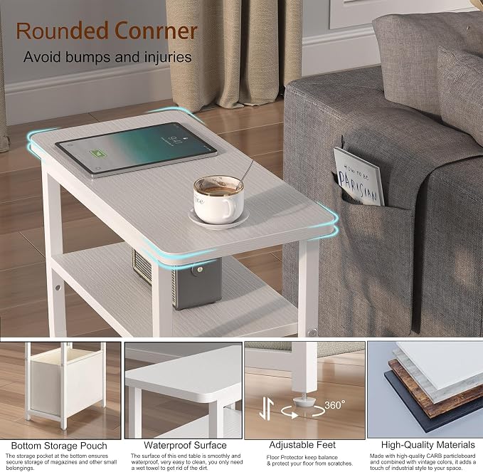 sthmec Narrow Side Table Set of 2, Skinny End Tables with Fabric Basket, Small Side Tables for Small Space,2-Tier Open Shelves with Basket, Slim Nightstands Set 2 for Bedroom,Livinroom,Office,White